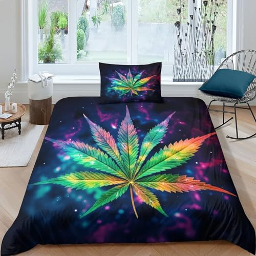 CGLTD Cannabis-Blätter 3D Bettwäsche Set 2 Teilig Marihuana Unkraut Hanf Bettbezüge Mit Reißverschluss Mikrofaser Bettbezug Set Mit Kissenbezug Für Kinder Erwachsene Single(135x200cm)