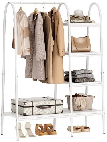 soges Portant à Vêtements Penderie Garde-robes Porte-manteau en Métal avec Étagères de Rangement et Barre de Suspension Blanc