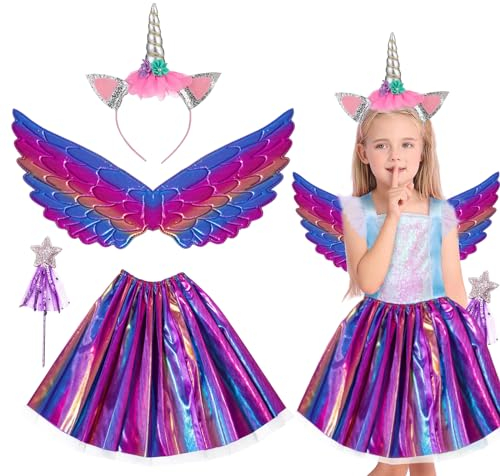 IWTBNOA Lot de 4 costumes de licorne de princesse pour enfant, serre-tête de licorne, ailes, baguette magique avec jupe tutu arc-en-ciel, costume de licorne fille pour carnaval, jeux de rôle,