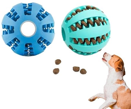 DistriPet Pelota Perro, Juguete Perro, Set de 2 Unidades de Caucho Natural, Bolas de Limpieza de Dientes y Dispensador de Golosinas Duradero y Resistente (5 cm - Azul y Verde)