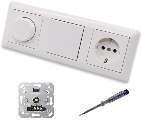 EBROM SET IDEE: JUNG 1730DD LED Dimmer + Kreuzschalter + SD Kinderschutz | Dimmer + Scheibe + Kreuzschalter 507U + Steckdose Kinderschutz alpinweiß glänzend + EBROM Phasenprüfer zur Montage der Geräte