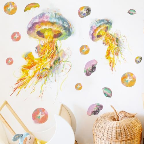 Runtoo Wandtattoo Qualle Bunt Wandaufkleber Unterwasserwelt Fische Wandsticker Kinderzimmer Babyzimmer badezimmer Wanddeko