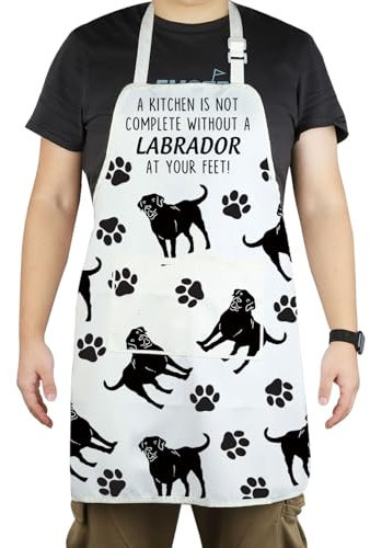 CENWA Labrador-Schürze mit Taschen, Labrador-Liebhaber, Geschenk, Hundebesitzer, Geschenke, verstellbare Kochschürze für Labrador-Hundeliebhaber, Weiss/opulenter Garten, Einheitsgröße