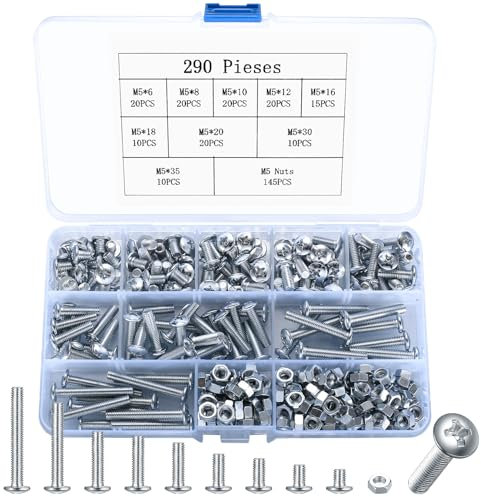 290 STK M5 Schrauben Set, Linsenkopfschrauben, Gewindeschrauben Set, Kohlenstoffstahl Maschinenschrauben Sortiment, Kreuzschlitzschrauben mit Muttern für Reparatur Industrie Fahrrad Schrauben