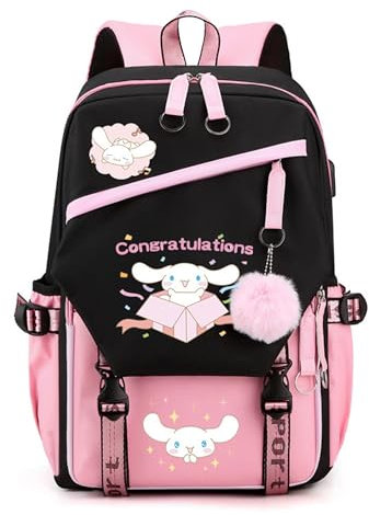 Roffatide Anime Cinnamoroll Print Business Casual Laptop Schultern Rucksack Reise Wandern Daypacks Rucksack 17 Zoll Rosa (mit niedlichen Anhängern)