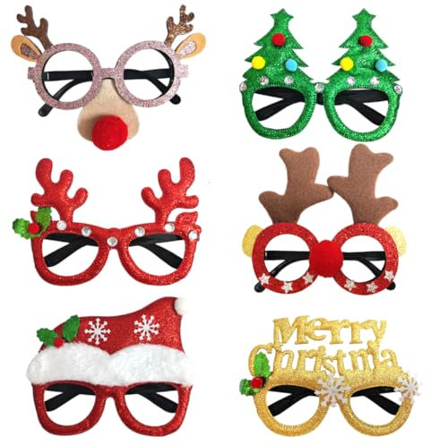 VOPIWOZ 6 Weihnachtsgläser, Sparkle Glitter Weihnachtsfeier Deko, MERRY CHRISTMAS, Weihnachtsbaum, Rentier Weihnachtsbrillen, Weihnachtsbrillen Erwachsene Kinder, für Weihnachtsfeier Geschenke