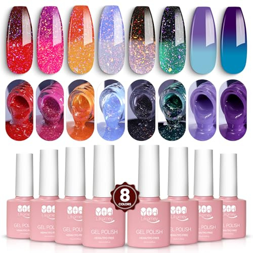 YTD Likomey UV Nagellack Farbwechsel Thermo Set,8 Farben Brokat Glitzer Soak Off UV Chamäleon Gelnägel Rot Grün Blau Violett Mehrfarbig Farbgel Polish,7.5ml