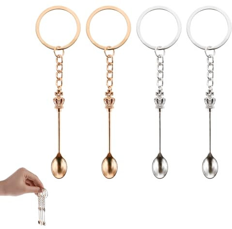 Molain 4 Stück Mini Löffel Schlüsselanhänger, Messlöffel Teelöffel Mini-Löffel-Schmuck Kronenlöffel Schlüsselanhänger für schlüsselring Ornament Taschenanhänger(Silber+Gold)