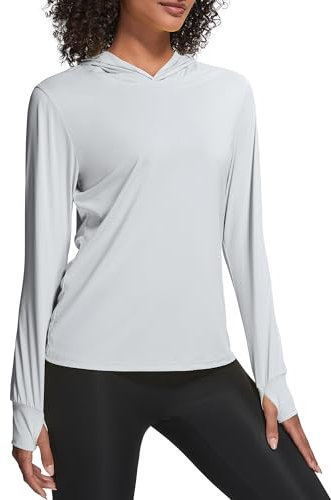 Damen Laufshirt UPF 50+ Sonnenschutz Hoodie Sportshirt UV Shirt Langarm Wandern Outdoor Shirt Schnelltrocknend Leichter Grau 03-L