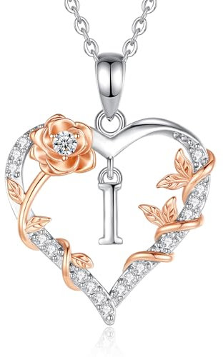 EUDORA Harmony Ball Collier avec Initiale I en Forme de Cœur et de Rose pour Femme, Lettre I de l'alphabet, Pendentif en Cuivre Plaqué Rhodium avec Zircone Cubique, Initiales Bijoux Cadeaux, 45,7 cm