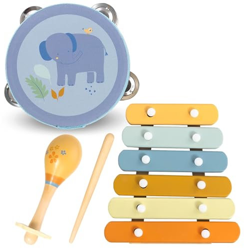 Mamabrum Kinder Musikinstrumente-Set - Holz Trommel, Maracas, Xylophon mit Elefanten-Motiv - Pädagogisches Spielzeug für Manuelle Entwicklung - ab 18 Monate (5 Teile)