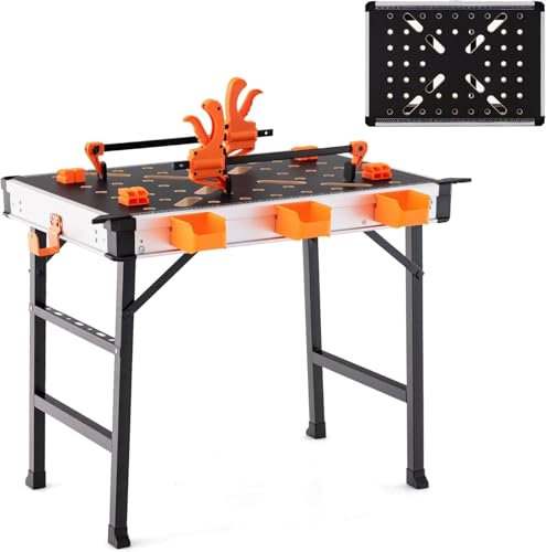FANTASK Mesa de Trabajo Plegable hasta 454 kg, Mesa de Herramientas para Garaje, Taller, Banco de Trabajo con 2 Pinzas rápidas, 4 Ganchos de sujeción, 3 Cajas de Herramientas y Marco de Metal