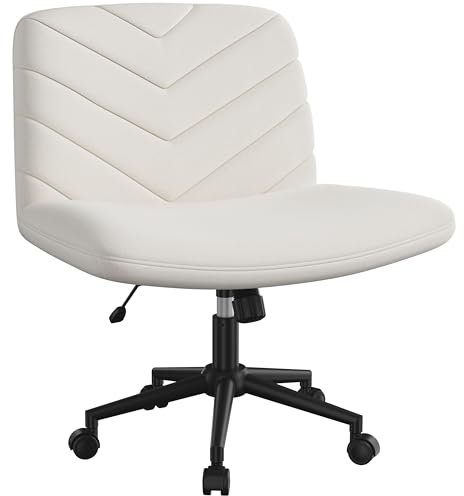 Yaheetech Wide Seat Cross Legged Office Chair, Adjustable Armless Office Chairs with Wheels, Vanity Chair Criss Cross Chair Swivel Computer Chairs, Beige