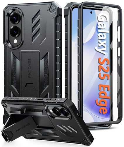 FNTCASE for Samsung Galaxy S25 Edge Case with Built-in Screen Protector | Rugged Kickstand, 20FT Military-Grade Drop Protection, Matte Textured, Heavy Duty Shockproof TPU Protective Cover
