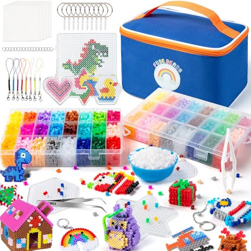 Sundaymot Fuse Beads -12000pcs Iron Beads Set for Kids 24 Colors 5mm Iron Beads for DIY Crafts with Storage Bag and 4 Pegboards, 2 Divided Bowls and Tweezers, Chain Accessories Gifts for Boys Girls