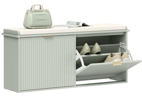 HOMCOM Shoe Bench with Padded Seat Cushion and Flip-Drawer, Shoe Cabinet Holds up to 240kg for Hallway, Entryway and Porch, 104x26x47.5cm, Green