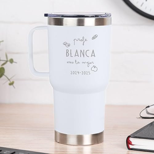 Wanapix | Taza Térmica Personalizada de Doble Capa | Capacidad 600 ml | Color Blanco | Conserva Frío y Calor durante Horas | Grabado con Nombre y Textos | Regalos para Profesores | Profe Eres la Mejor