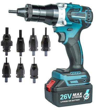 Nietzange Akku Elektrisch Nietmaschine Automatisch Nietzange mit 5200mAh Batterie, 26V Automatisches Nietpistole Set mit Nasenstücken für M3 M4 M5 M6 M8 M10 M12