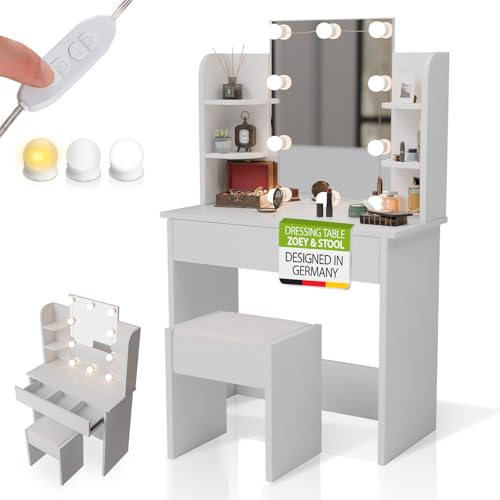 Juskys Schminktisch Zoey & Hocker Melly mit LED-Beleuchtung & Spiegel mit Rahmen, Schublade & Regal, viel Stauraum, pflegeleicht & modern — Weiß