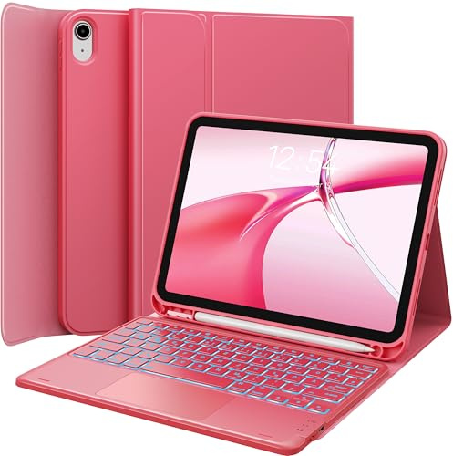 CHESONA Hülle mit Tastatur für iPad 11 Gen(A16, 2025)/iPad 10 Gen(2022) | 7 Farben Beleuchtung, Multi Touch Trackpad, 2 Bluetooth Kanäle, QWERTZ, Wassermelonrot