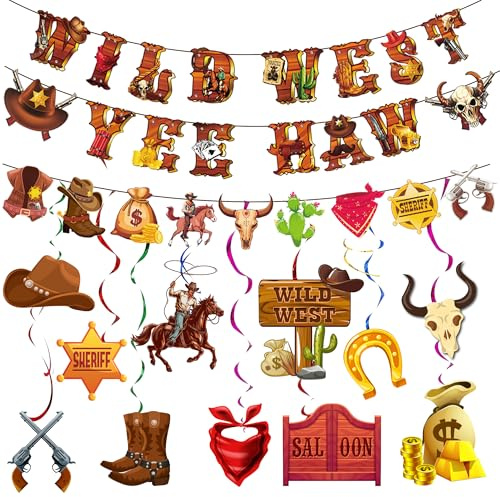 Western Party Deko Set–12 Stück Cowboy Banner Spiraldeko, Hängedeko Wirbel für Western Motto Party Wilder Westen Deko Geburtstags- und Outdoor Events