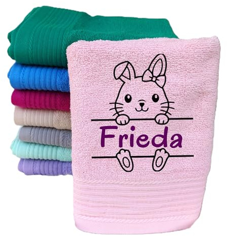 Wuff-Dogsworld Kinderhandtuch mit Motiv & Namen Bestickt, personalisiert, für Jungen & Mädchen, Verschiedene Motive & Farben, 100% Baumwolle (Rose, 50 x 100 cm)