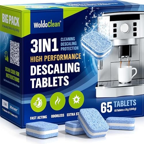 WoldoClean Compresse decalcificanti 3 in 1, 65 pezzi, ermetiche in blister, pastiglie anticalcare compatibili con DeLonghi, Siemens, Jura & Philips