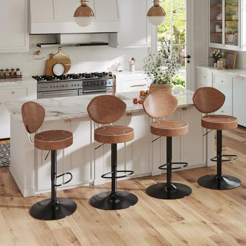 Youhauchair Barhocker 4er Set, Braun | 8 cm dicken Sitz, 360 drehbare, mit Rückenlehne, Höhenverstellbarer, Kunstleder