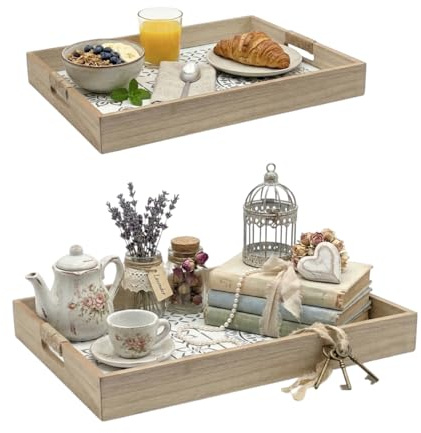 OCEANO Set 2 Vassoi in Legno con Fondo Intagliato e Vetro Stile Boho-Chic - Misure 40x30cm e 35x24.5cm - Con Maniglie in Corda - Vassoi Decorativi per Caffè, Colazione, Soggiorno