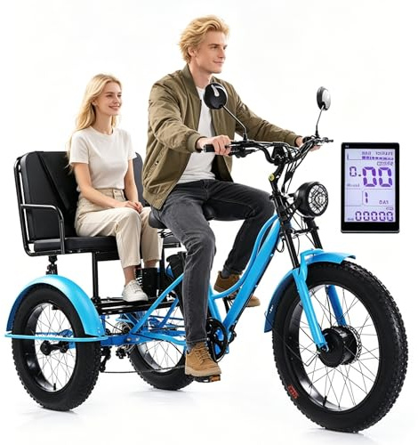 HpLNDas Tricycle éLectrique 24 Pouces à Gros Pneus avec Siège Passager pour Adulte, VéLo éLectrique 48 V/18 Ah - Charge Maximale : 150 Kg, écran LCD Et Phare, pour La Ville Et La Montagne. Blue
