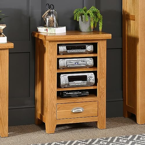 Cheshire Oak Hi-Fi Media Stand Shelf Unit - Natural Oak Finish, Adjustable Shelves, Ideal for Living Room & Entertainment Area, No Assembly Required - H 785 x W 530 x D 410mm