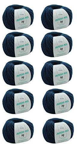 MyOma Merinowolle Jeans (Fb 3850) - 10 Knäuel Blaue Zum Stricken - Dicke Wolle + Label - 50g/75m - Nadelstärke 6-7mm - Weiches Merino Garn