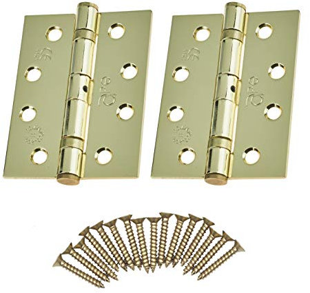Door Hinges 4 102mm Ball Bearing 1 Pair Pack [2 Hinges & Screws] Polished Brass Finish