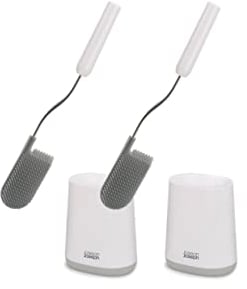 Joseph Joseph Flex Lite - Paquete de 2 - Escobillero fino en Silicona Higiénico, escobilla de baño con mango resistente, piña flexible, antiobstrucción, limpieza profunda - Blanco/Gris, Pequeño