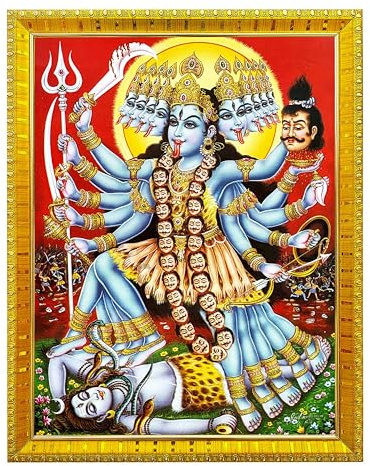 Koshtak Goddess Kali/Mahakali Standing On Shiva/Shiv Ji with Tongue Out Photo Frame with Laminated Poster for Puja Room Temple Worship/Wall Hanging/Gift/Home Decor (30x23cm)