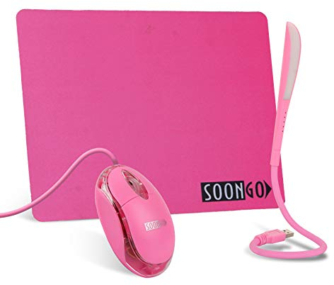 SOONGO Pink Mouse Pad - Kids LED Light 3 in 1 Gift Combo Mice Pad Non-Slip Rubber Base Touch Dimmable Flexible USB Laptop Reading Lamp for Computer Home Office Travel