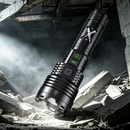 Wiederaufladbare LED-Taschenlampen, 200.000 hohe Lumen, superhelle Taschenlampe, leistungsstark, taktische Taschenlampe, bis zu 24 Stunden Akkulaufzeit, zoombar, 6 Lichtmodi, IP67, wasserdicht, für