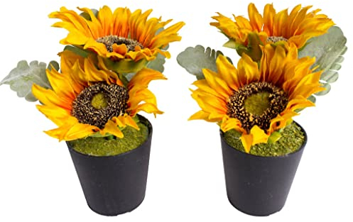 künstliche Sonnenblume mit 2 Blüten im schwarzen Kunststofftopf (2 Stück)