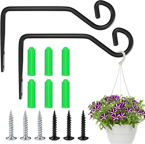 2 Pack Hanging Basket Holder Hanger Hooks, Wall Hanging Plant Basket Brackets for Garden Light Flower Pots Bird Feeders Plants Lanterns Wind Chimes (Black)