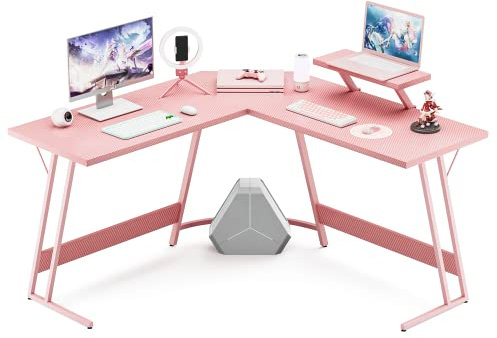 VICTONE Scrivania angolare per computer a forma di L, 130 cm, per casa e PC, postazione di lavoro per ufficio con grande supporto per monitor, tavolo salvaspazio (rosa)