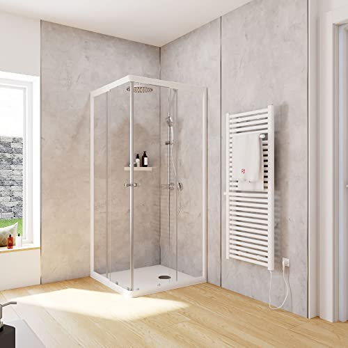 Schulte Duschkabine Corner Eckeinstieg mit Schiebetüren Alpinweiß 4 mm Sicherheitsglas (ESG) Klar hell 80x80 cm, Montage auf Duschwanne oder Fliese