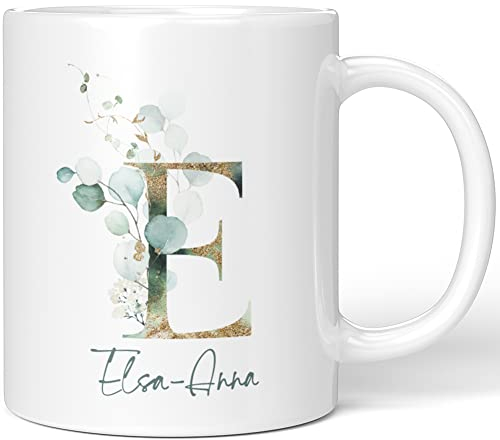 JUNIWORDS Tasse, Elsa-Anna, Name Anfangsbuchstabe Initial Alphabet Floral Buchstabe E Monogramm Motiv, Weiß (5445470)
