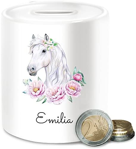 Spardose - Pferde - Pferdekopf Motiv mit Name personalisiert I Pferdemotiv I Pferd Name - Unisize - Weiß - mädchen Geschenke für reiterinnen pferden pferdemädchen sparbüchse personalisierte
