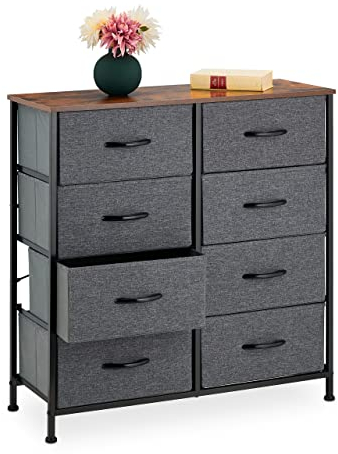 Relaxdays Kommode Industrial, HBT 81,5 x 80 x 30 cm, 8 Schubladen, Stoff & Metall, Holzoptik, Flurschrank, grau/braun