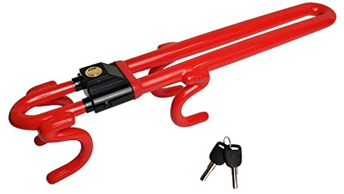Vechkom Steering Wheel Lock Heavy Duty Car Double Hook Anti Theft Safety Lock Retractable Protection for Auto/Truck/SUV (RED)