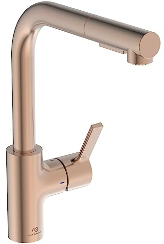 Ideal Standard – Gusto Miscelatore cucina, Bocca alta tonda a L, con doccetta estraibile e due modalità di getto, bocca girevole a 360°, facile da installare con fissaggio EasyFix+, Sunset Rose