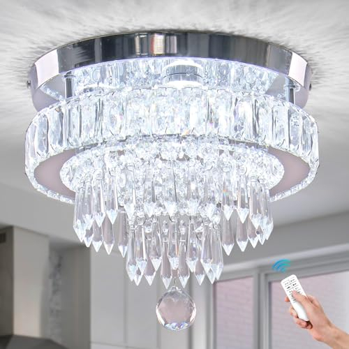 Lámpara de araña de cristal moderna Lámpara de techo de cristal LED regulable con control remoto, lámpara de araña de cristal cambiable de 3 colores para dormitorios Sala de estar Pasillo