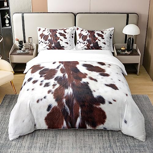 100% Bio-Baumwolle Jungen Mädchen Rindsleder Bettbezug 155x220,Kawaii Kuh Print Bettwäsche Set für Kinder Teens Schlafzimmer Dekor,Schwarz Braune Kuh Spots Tröster Abdeckung Farm Tier Haut Quilt Cover