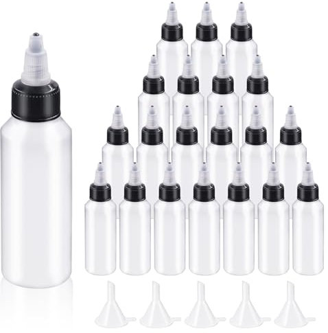 Swpeet 25Pcs Clear Dispensing Bottles with Small Funnels Kit, 2oz Boston LDPE Plastic Bottle, 60ML Empty Squeeze Dropper Bottles with Twist Top Cap Kit for Inks Oils Liquids, Plastic Squeeze