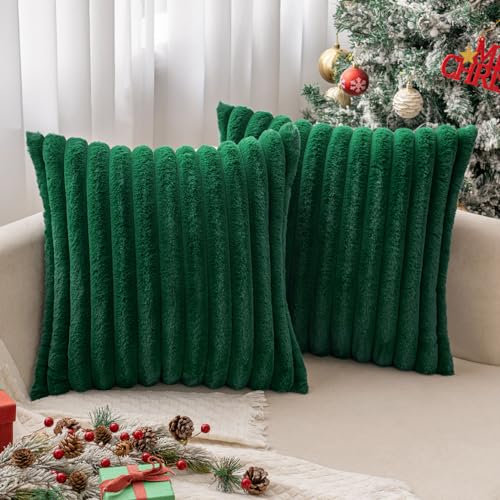MIULEE Plüsch Samt Kissenbezug Kunstpelz Weich Moderne Sofakissen Dekokissen Glatter Reißverschluss Waschbar Deko Kissenhülle für Wohnzimmer Schlafzimmer Sofa 2er Set 50x50 cm Dunkelgrün